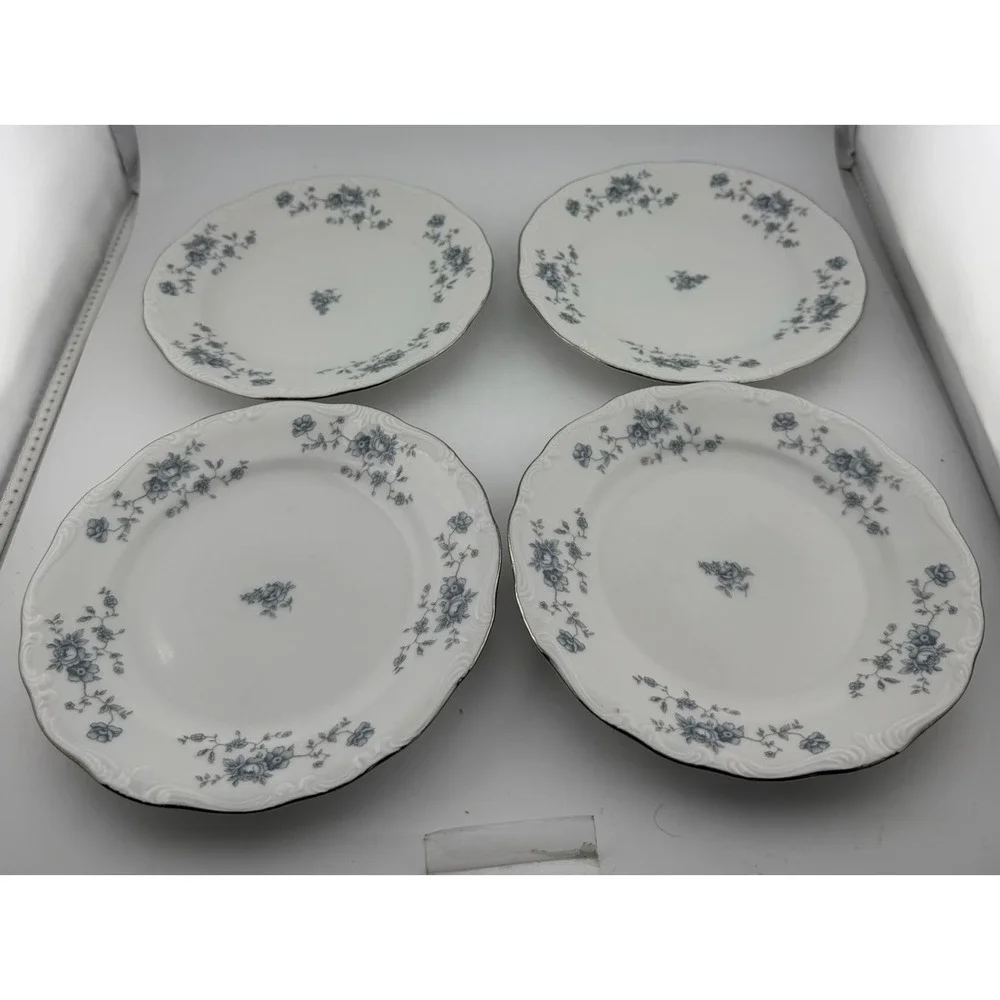 Johann Haviland Bavaria‎ Plates Blue Floral Silver Rim Set of 4